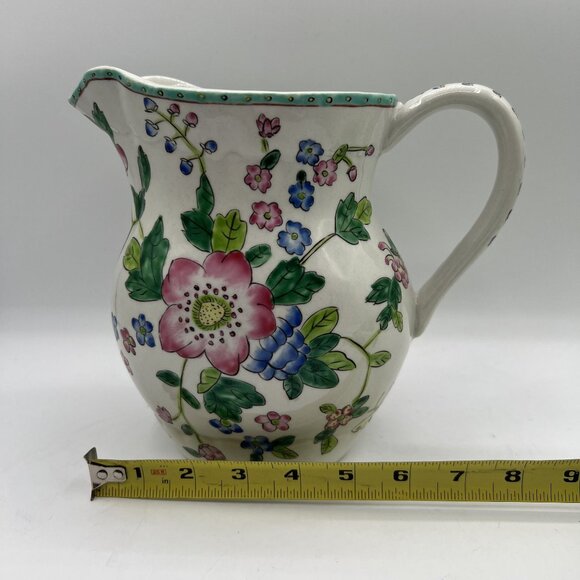 Antique Hand Painted Floral Porcelain Pitcher Handle Scalloped Rim Butterflies - Picture 8 of 10